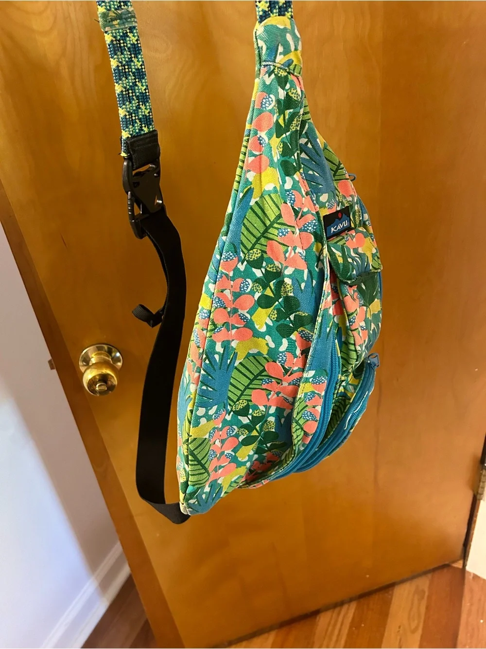Kavu Floral Sling Bag in Teal, Coral and Yellow